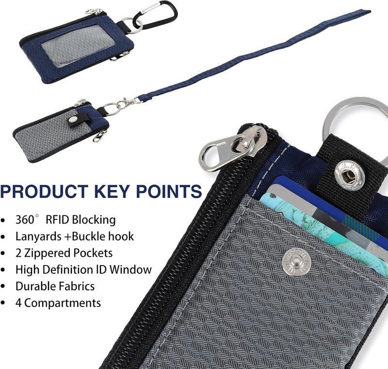 MASAPHIL MASAPHlL Small Lanyard Wallet for Women/Men with RFID Blocking ID Holder, Minimalist Nylon Zipper Lanyard Pouch, Travel Neck Wallet with Keychain, ID Window for Card,Coin,Cash (Gray+Dark Blue) - Image 3
